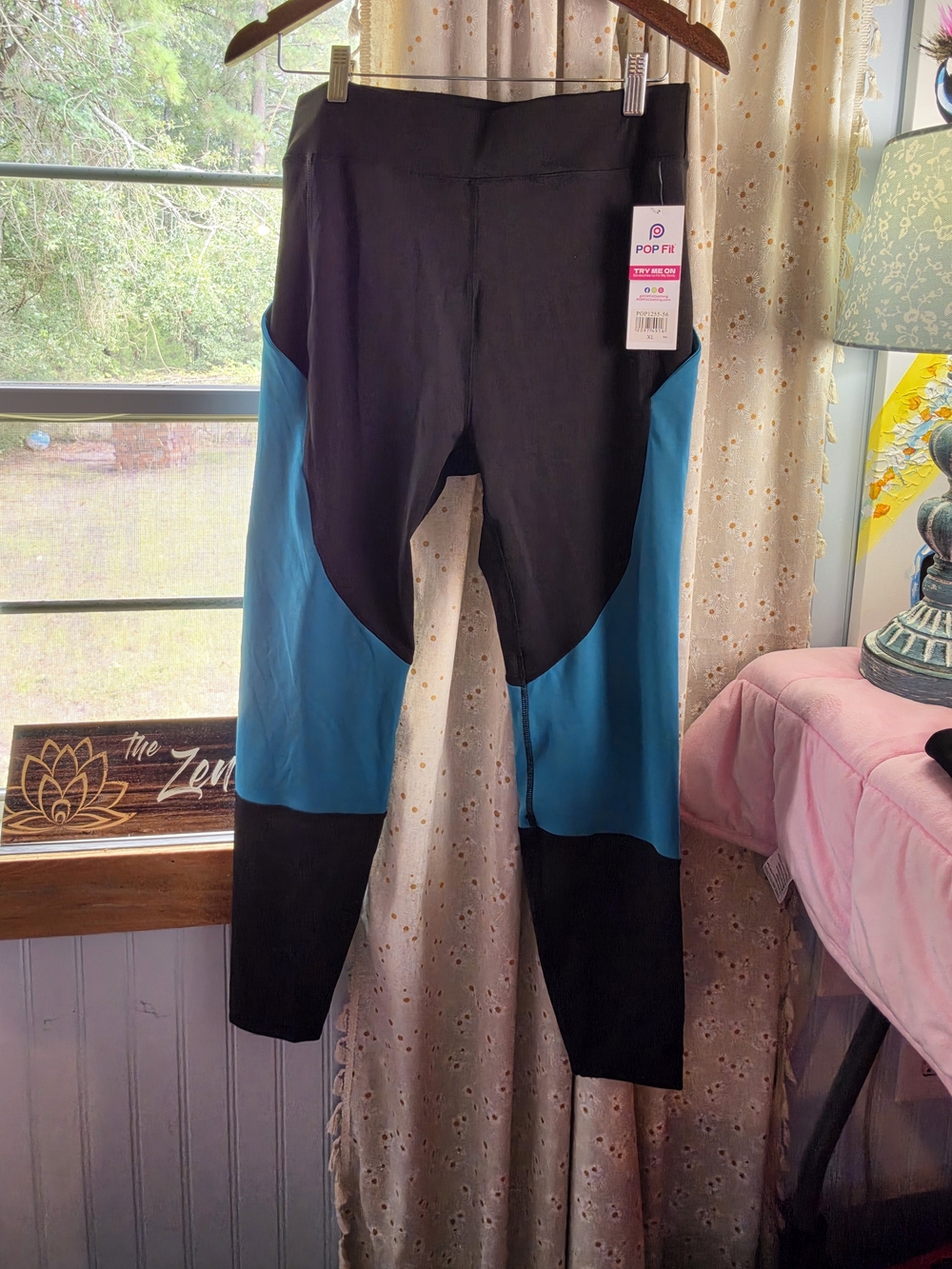 NWT POP Fit XL Black Teal Colorblock High Rise Leggings Pocket Activewear